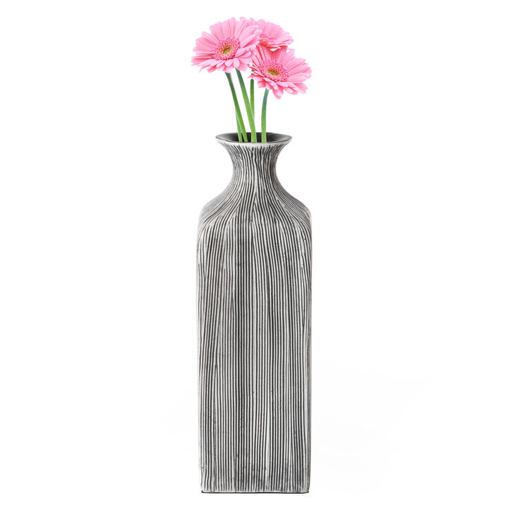 8 inch Tall Grey Striped Decorative Square Table Centerpiece Flower Vase Display Modern Home Decor Accent Stylish Elegant Ornamental Accessory Floral Arrangement Holder Living Room Dining Room Kitchen Decoration