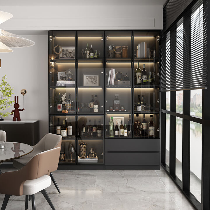 FUFU&GAGA Contemporary Black Pantry Cabinet with Wine Storage, LED Lighting, Soft-Close, Tempered Glass Doors, (63" L x 14.2" W x 78.7" H),Black