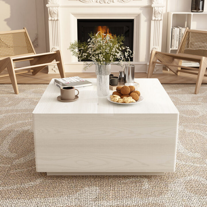 FUFU&GAGA Modern White Wood Grain Round Coffee Table with Lift-up Top and Arc-Shaped Sides (35.4" W x 35.4" D x 18.5" H), White