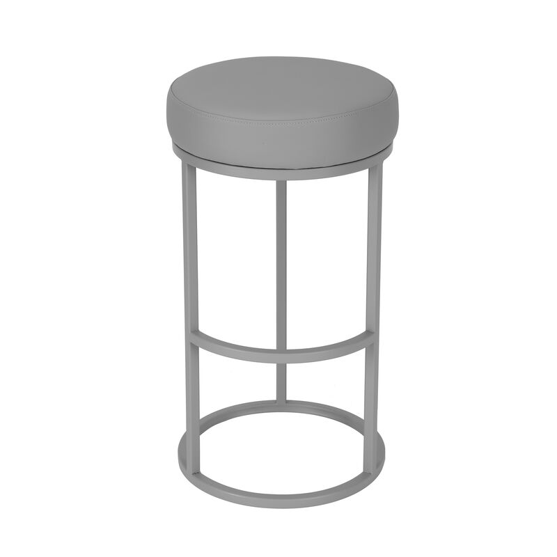 Tane 30 Inch Barstool, Round Gray Faux Leather Padded Seat, Gray Metal Base - Benzara