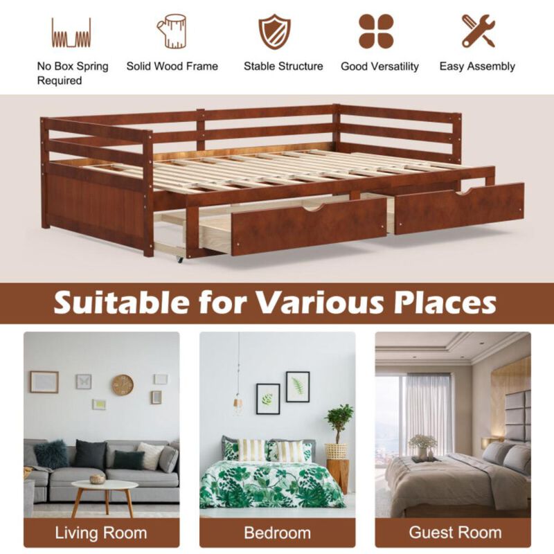 Hivvago Extendable Twin to King Daybed with Trundle and 2 Storage Drawers