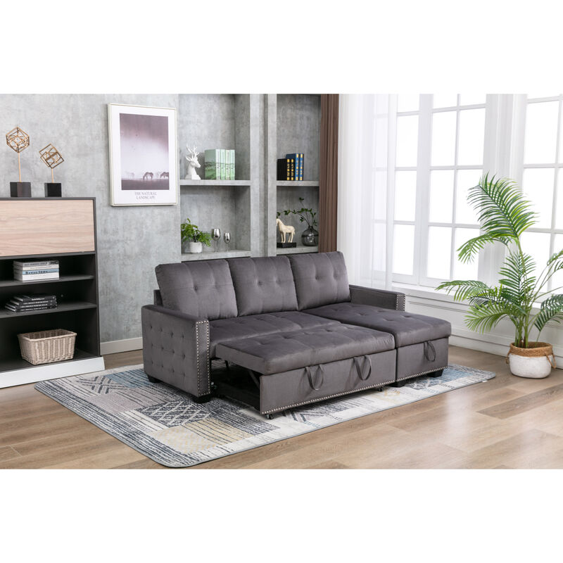 L-Shaped Velvet Sectional Sleeper Sofa, Dark Grey