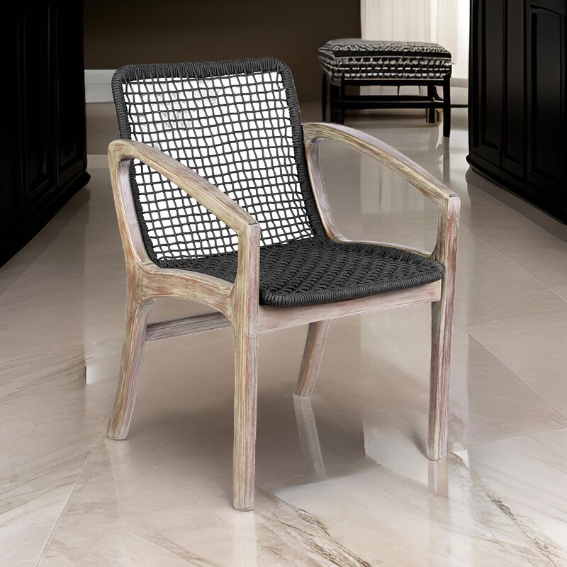 Tira 25 Inch Outdoor Patio Dining Chair, Brown Eucalyptus Frame, Woven Rope - Benzara