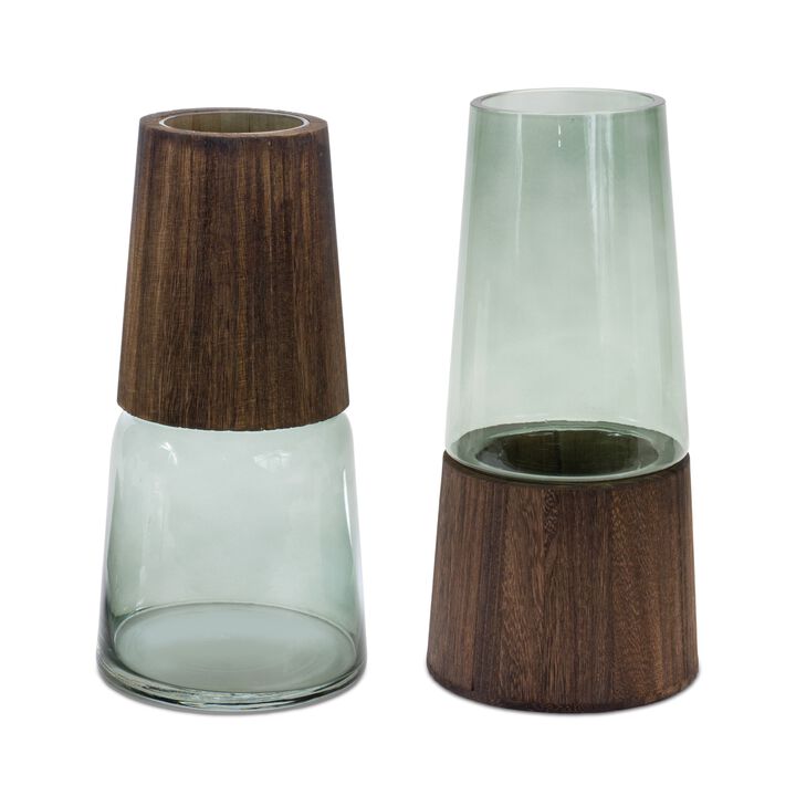 Glass and Wood Vase Set of 2 for Home Decor and Floral Arrangements