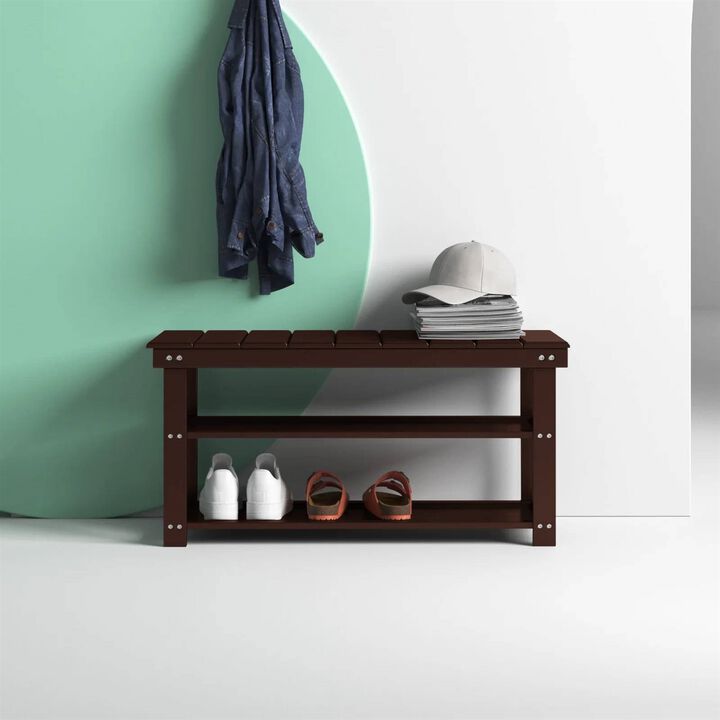QuikFurn Espresso Brown Wood 2-Shelf Shoe Rack Storage Bench For Entryway or Closet