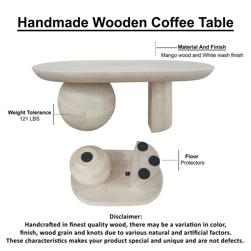 38 Inch Coffee Table, Oblong Mango Wood Top with a Modern Ball Leg, Washed White - Benzara