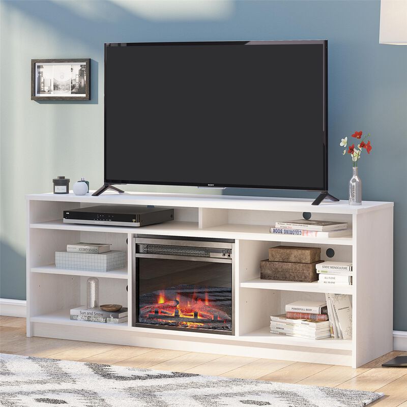 Hendrix 65" TV Stand with Electric Fireplace Insert and 6 Shelves, Ivory Oak