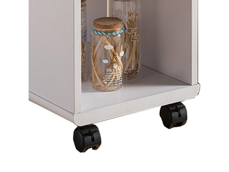 20 Inch Rolling Chairside Table, Single Drawer, 2 Open Shelves, Crisp White - Benzara