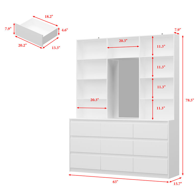 FUFU&GAGA White Bookcase with Adjustable Shelves and Drawers, (63" W x 15.7" D x 78.5" H),White