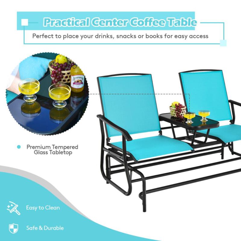 Hivvago 2-Person Double Rocking Loveseat with Mesh Fabric and Center Tempered Glass Table