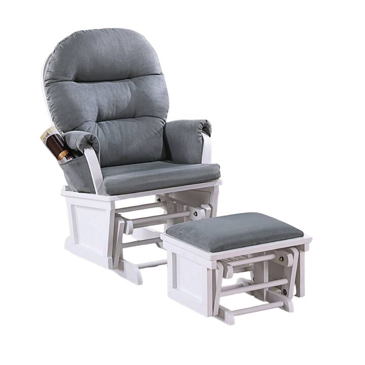 Noni Glider Manual Recliner Chair with Ottoman, White Wood, Gray - Benzara
