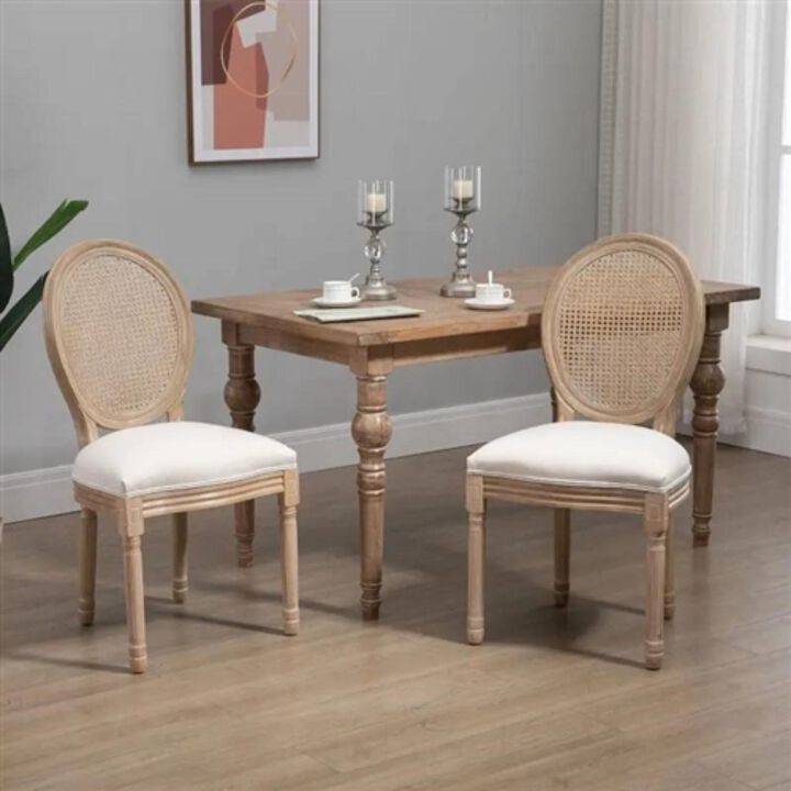 Hivvago Set of 2 Vintage Upholstered Armless Rattan Back Dining Chairs Beige White