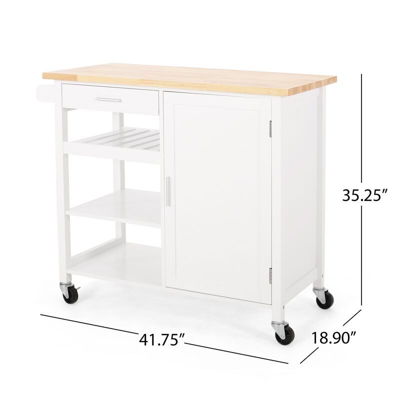 Alex Rolling Kitchen Island Bar Cart with Shelves, Brown Wood, White - Benzara