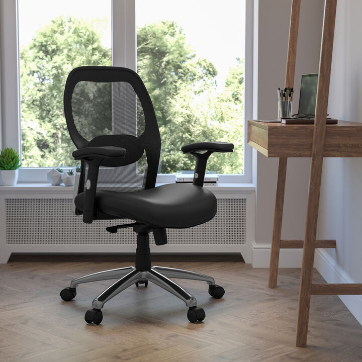 Albert Mid-Back Black Super Mesh Executive Swivel Office Chair with LeatherSoft Seat, Knee Tilt Control and Adjustable Lumbar & Arms