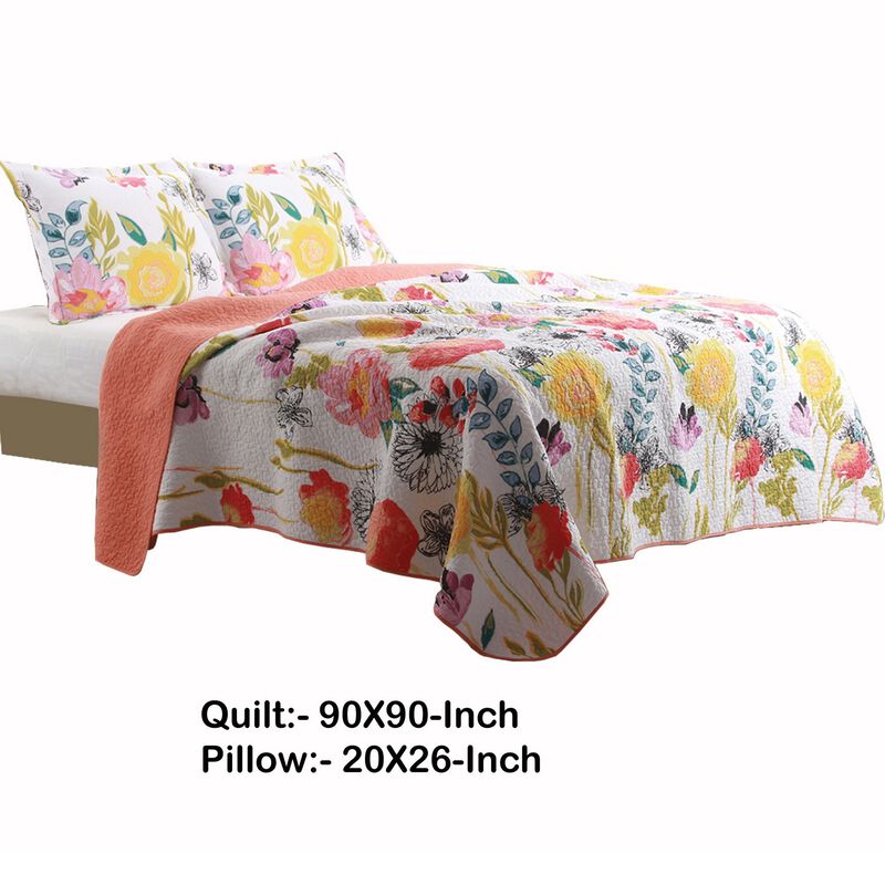 3 Piece Cotton Full Size Quilt Set with Stencil Flower Print, Multicolor - Benzara