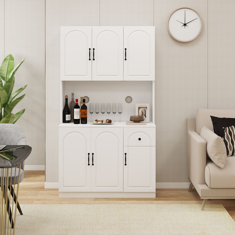 White Wood 39.76 in. Pantry Cabinet with Microwave Oven Countertop