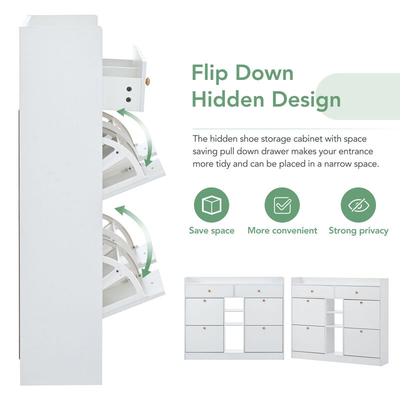 2-Tier Shoe Cabinet with 4 Flip Drawers, White