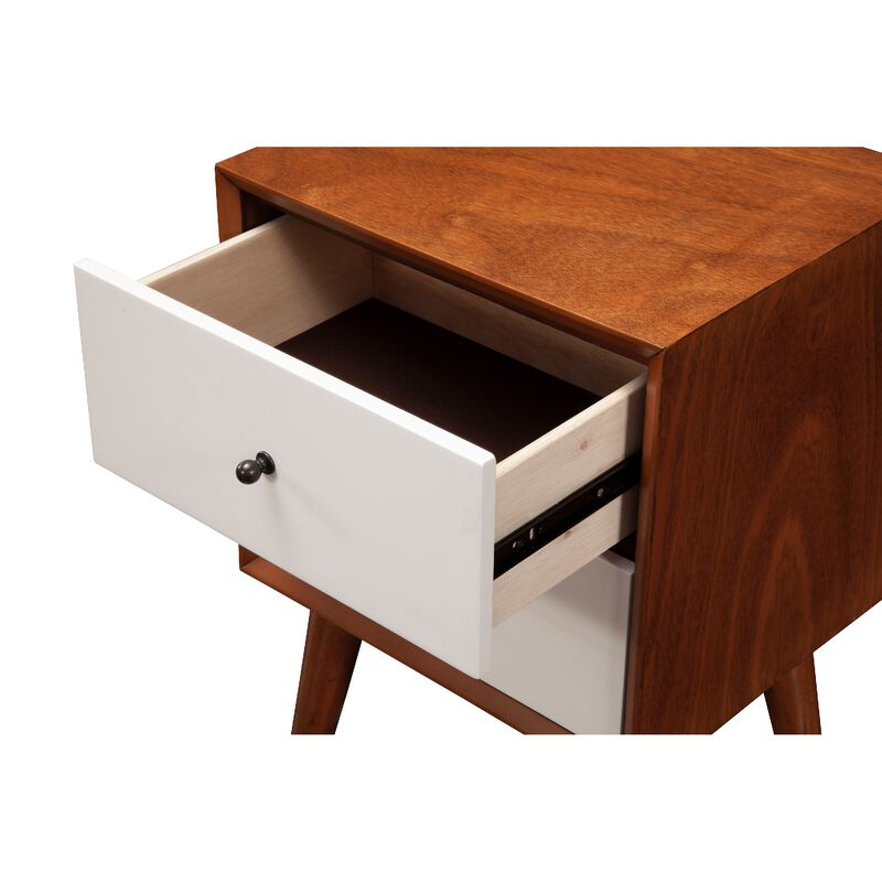 Stylish Wooden Nightstand With Two Drawers and Flared Legs, Brown and White-Benzara