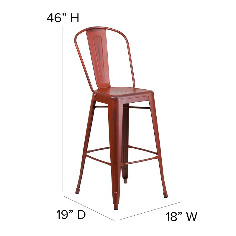 Flash Furniture Commercial Grade 30" High Distressed Kelly Red Metal Indoor-Outdoor Barstool with Back
