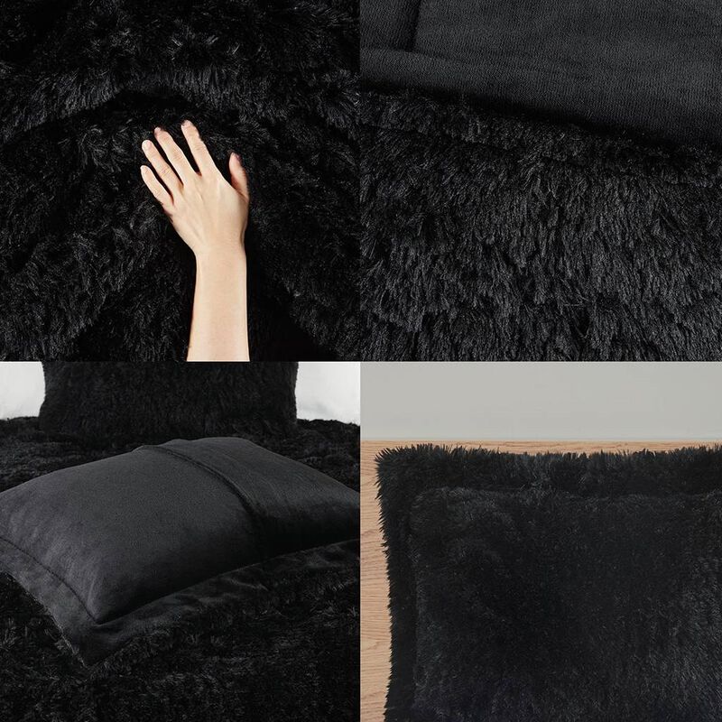 Hivvago Full/Queen Black Soft Sherpa Faux Fur 3 Piece Comforter Set with Pillow Shams