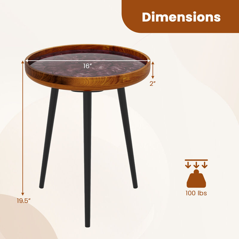 Round End Table with Sea Shell Decoration and Epoxy Resin Finish for Coastal or Beach-Themed Decor