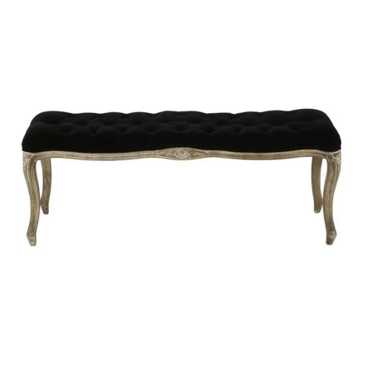 Kopa Bench Footstool, Tufted Black, Brown Wood, Curved Legs, 46 Inch - Benzara
