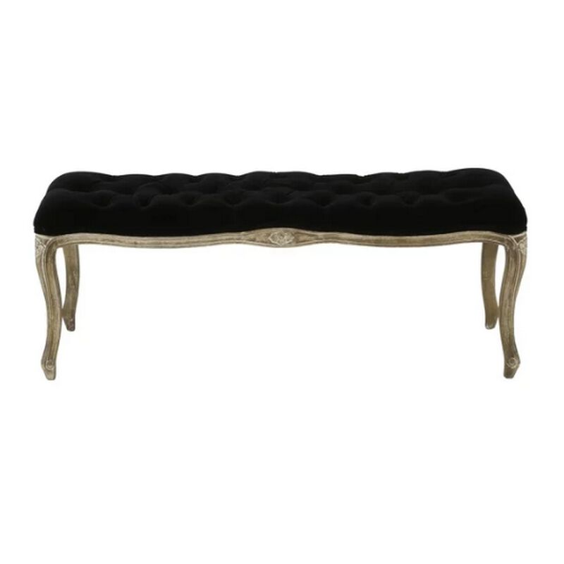 Kopa Bench Footstool, Tufted Black, Brown Wood, Curved Legs, 46 Inch - Benzara