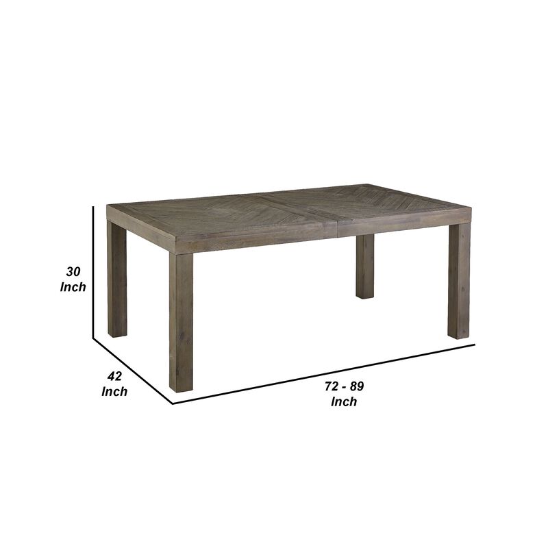 72-89 Inch Extendable Acacia Wood Dining Table, Herringbone Pattern, Gray - Benzara