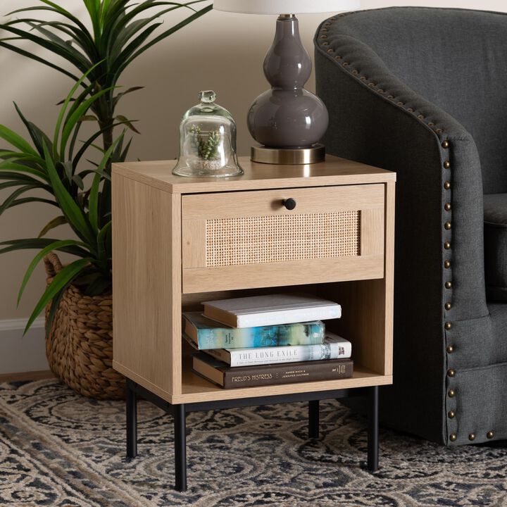 Baxton Studio Sherwin  Light Brown and Black 1 Drawer End Table with Woven Rattan Accent