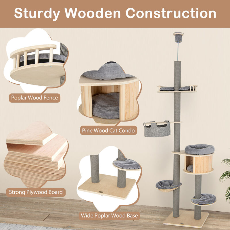 6-Tier Floor-to-Ceiling Cat Tree with Adjustable Height for Indoor Cats