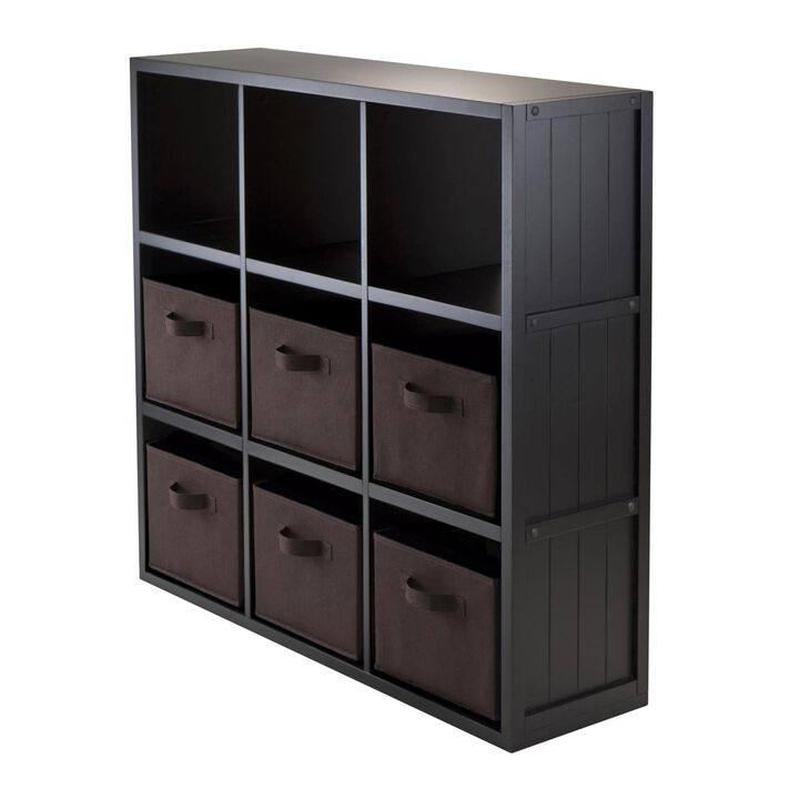 Timothy 7-Pc 3x3 Storage Shelf with 6 Foldable Fabric Baskets, Black and Chocolate