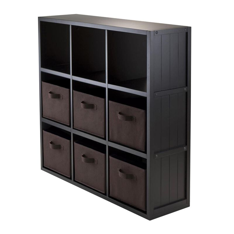 Timothy 7-Pc 3x3 Storage Shelf with 6 Foldable Fabric Baskets, Black and Chocolate