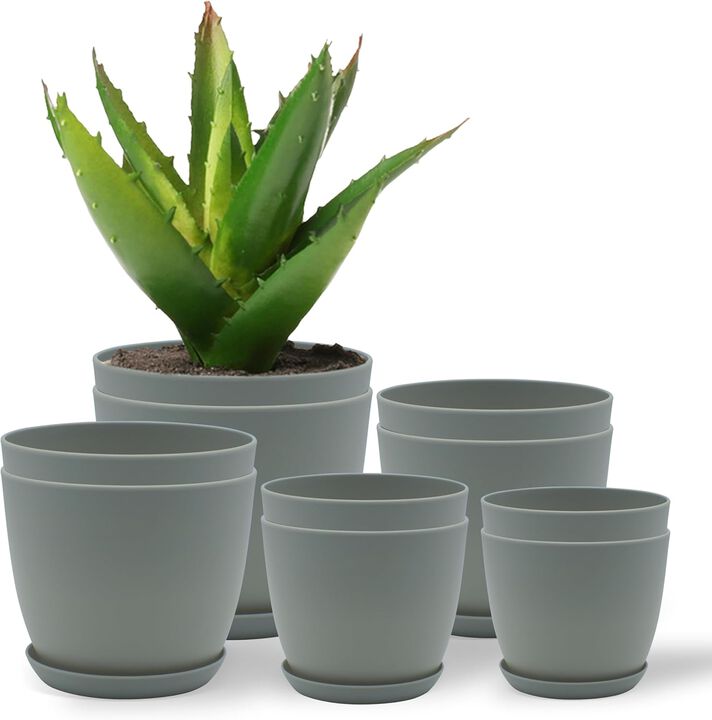 Campior Plastic Plant Pots with Drainage - Home Decor Flower Pot, Stackable Design for Indoor and Outdoor Use, Lightweight and Sturdy, Space-Saving, (7”, 6.6”, 6”, 5.3”, 4.8” Inches), Pack of 10, Gray