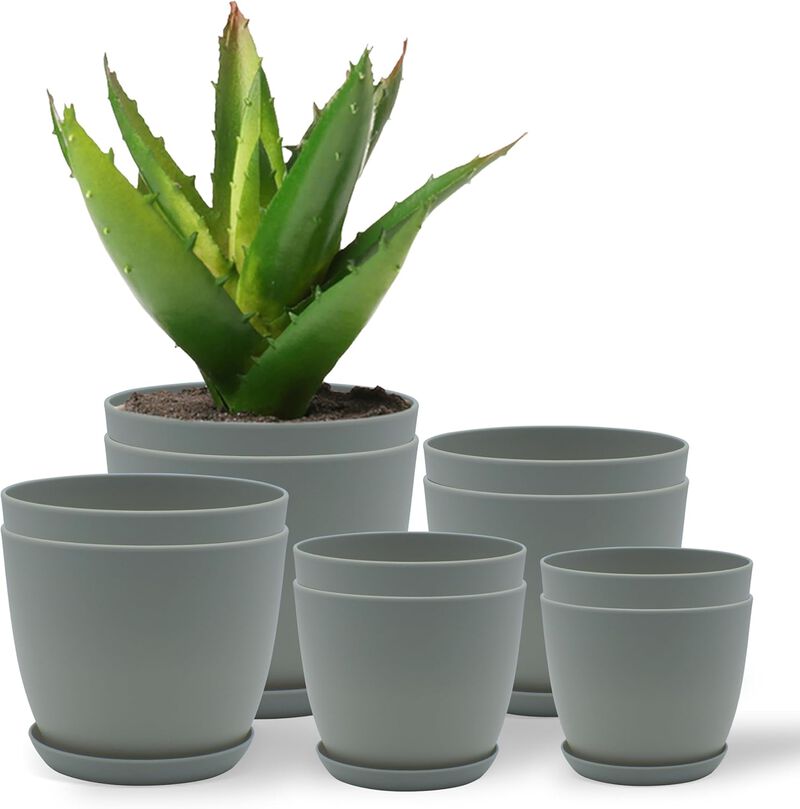 Campior Plastic Plant Pots with Drainage - Home Decor Flower Pot, Stackable Design for Indoor and Outdoor Use, Lightweight and Sturdy, Space-Saving, (7”, 6.6”, 6”, 5.3”, 4.8” Inches), Pack of 10, Gray