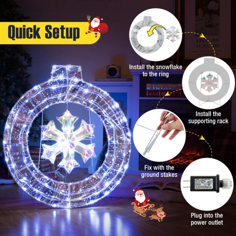 Hivvago 33 Inch Lighted Snowflake Wreath with Hanging Ring and Support Bracket