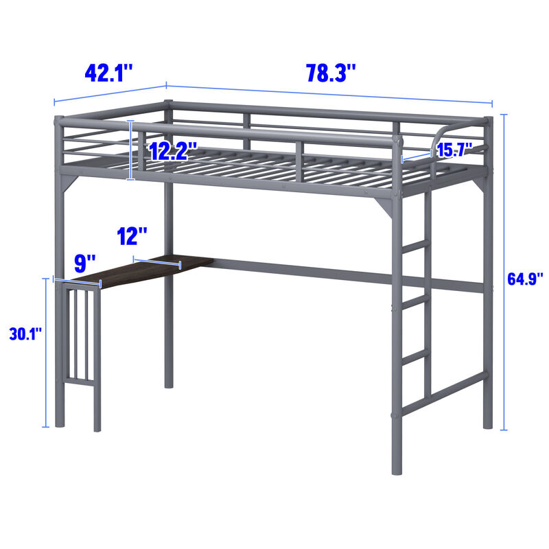 Twin Metal Loft Bed With Desk, Ladder And Guardrails, Bookdesk Under Bed