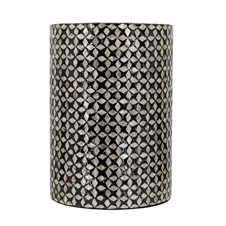 20 Inch Capiz Accent Stool Table, Cylindrical Geometric, Silver, Black - Benzara