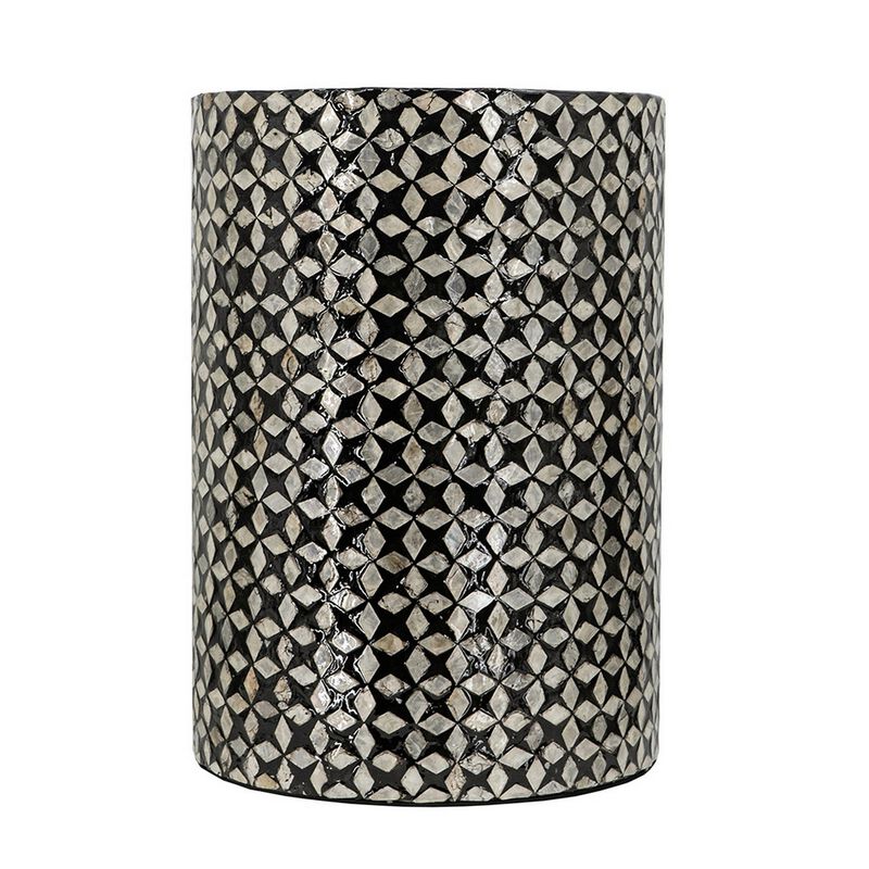 20 Inch Capiz Accent Stool Table, Cylindrical Geometric, Silver, Black - Benzara