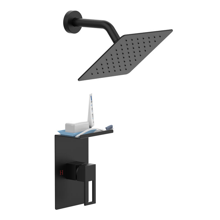 Bathroom Shower System with 8-Inch Rain Shower Head, Storage Shelf & Single Spray Shower Faucet