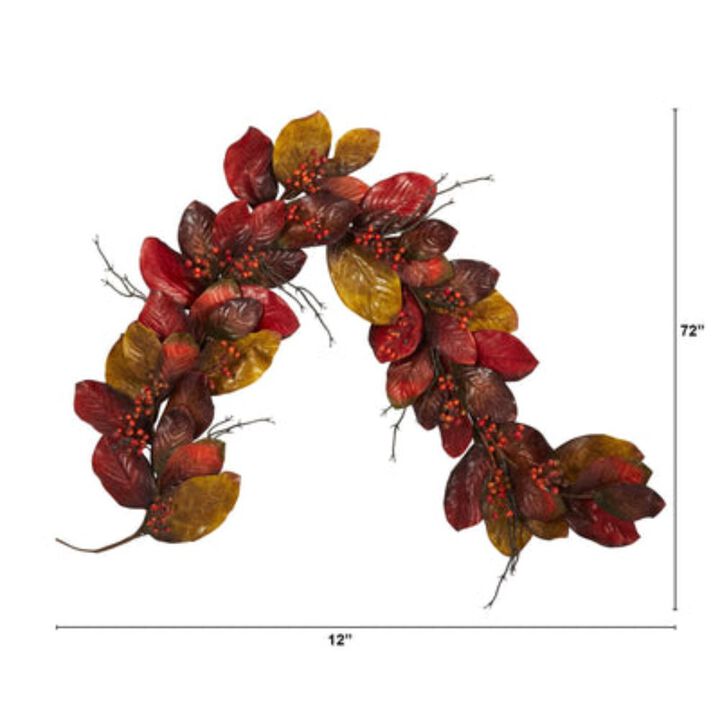 Hivvago 6' Autumn Magnolia Leaf with Berries Artificial Garland