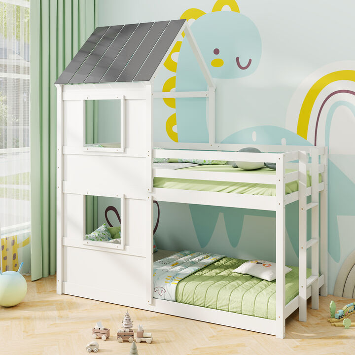 Wooden Bunk Bed with Full-length Safety Guardrail and Ladder