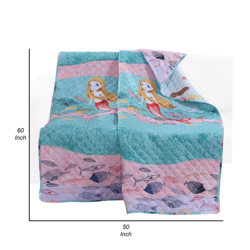 Wini 50 x 60 Inch Quilted Throw Blanket with Fill, Mermaid, Blue, Pink - Benzara