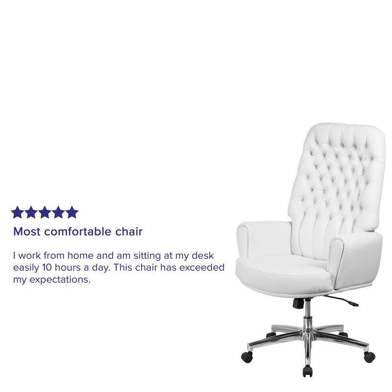 Rochelle High Back Traditional Tufted White LeatherSoft Executive Swivel Office Chair with Arms