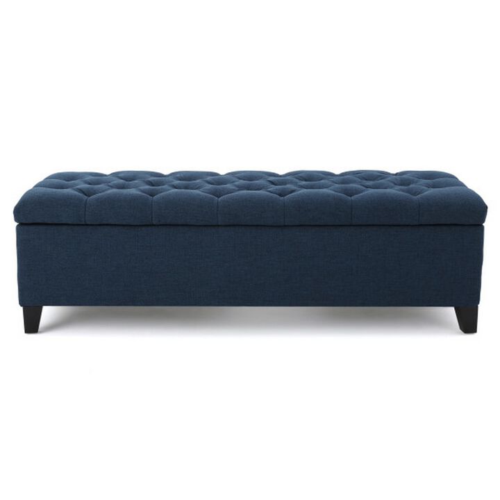Elias Storage Bench, 51 Inch Button Tufted Blue Velvet, Solid Wood - Benzara