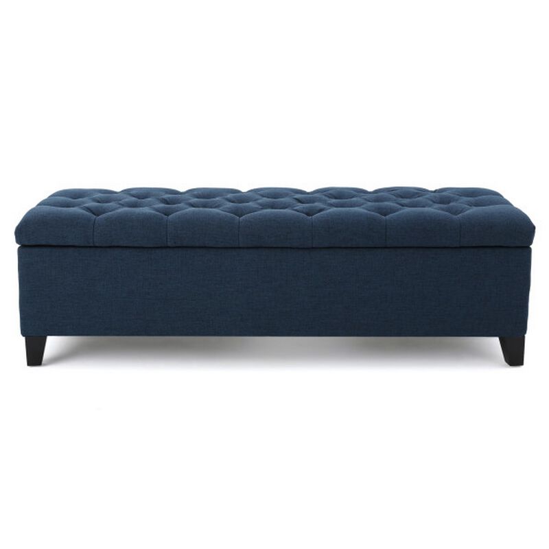 Elias Storage Bench, 51 Inch Button Tufted Blue Velvet, Solid Wood - Benzara