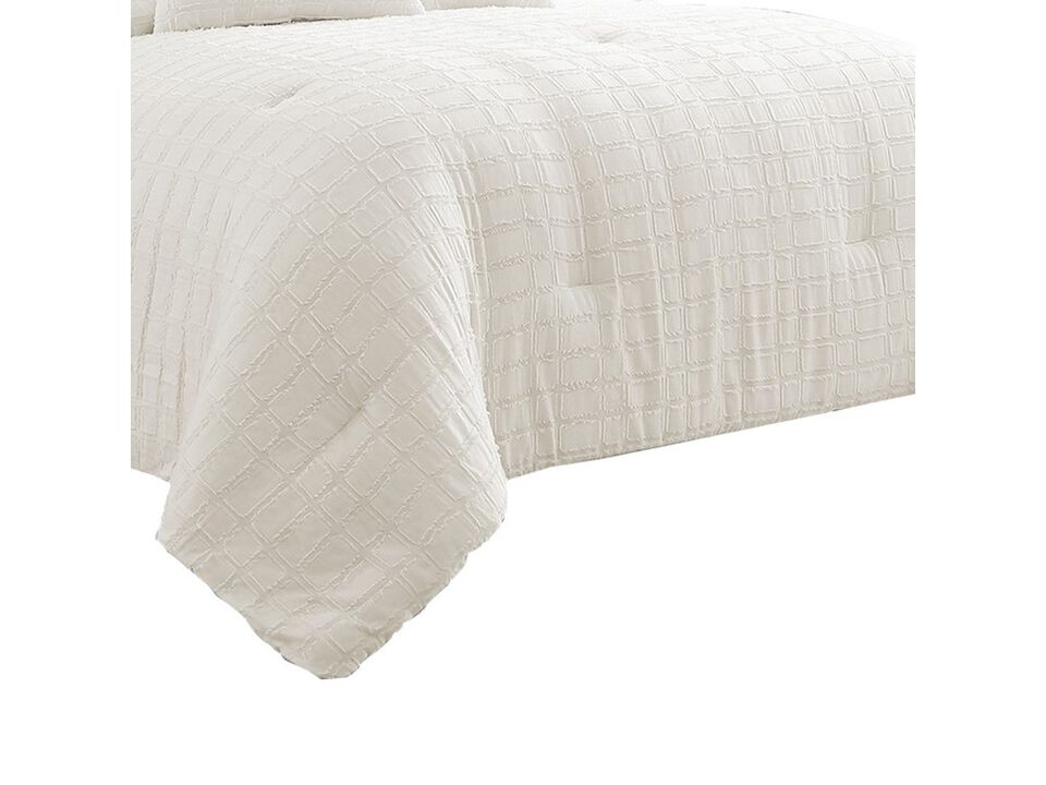 6 Piece Cotton King Comforter Set with Fringe Details, White - Benzara
