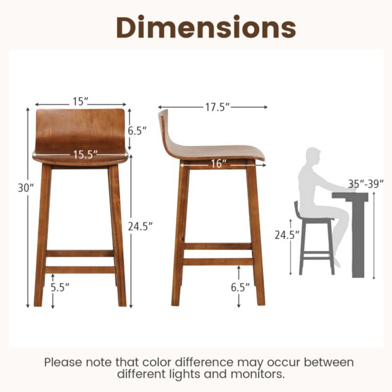 Hivvago Wood Bar Stools Set of 2 with Solid Back and Seat