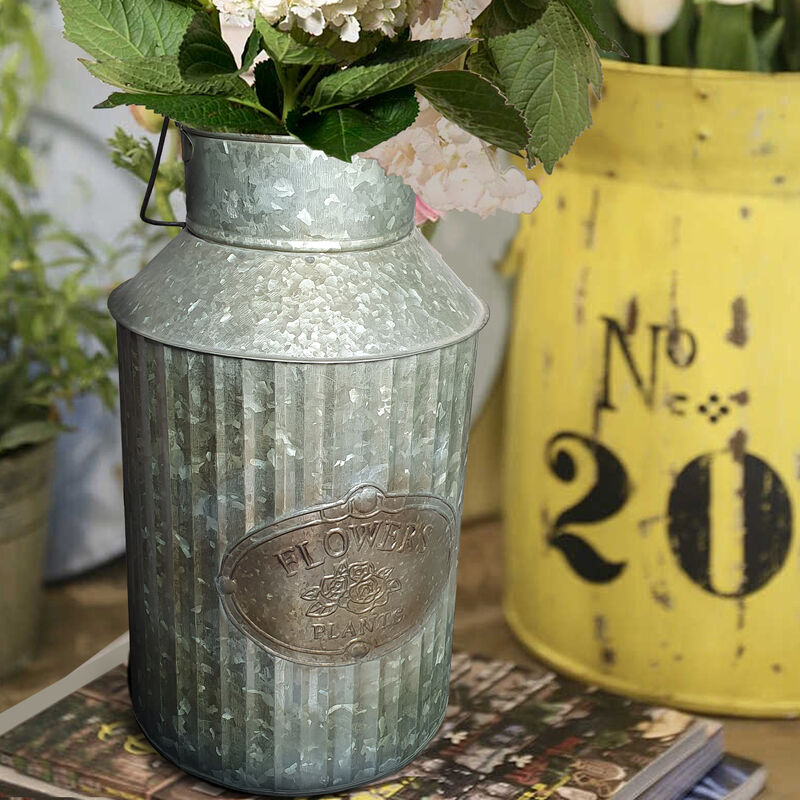 Decorative Flowers and Plants Metal Can with Handle, Gray-Benzara