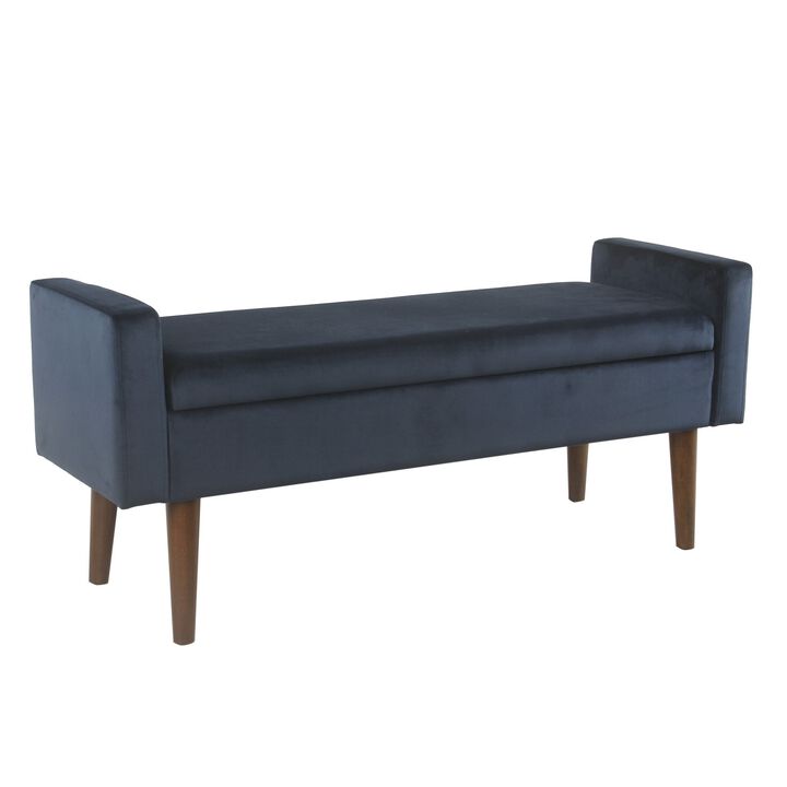Velvet Upholstered Wooden Bench with Lift Top Storage and Tapered Feet, Navy Blue - Benzara