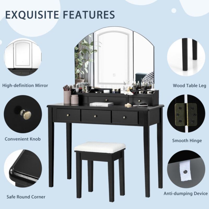Hivvago Vanity Table Stool Set with Large Tri-folding Lighted Mirror